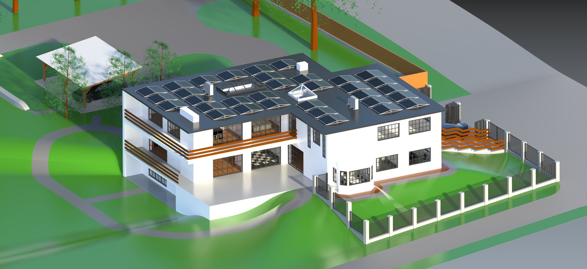 CAD-Referenzzeichnung eines Gebäudes mit Photovoltaik-Anlage